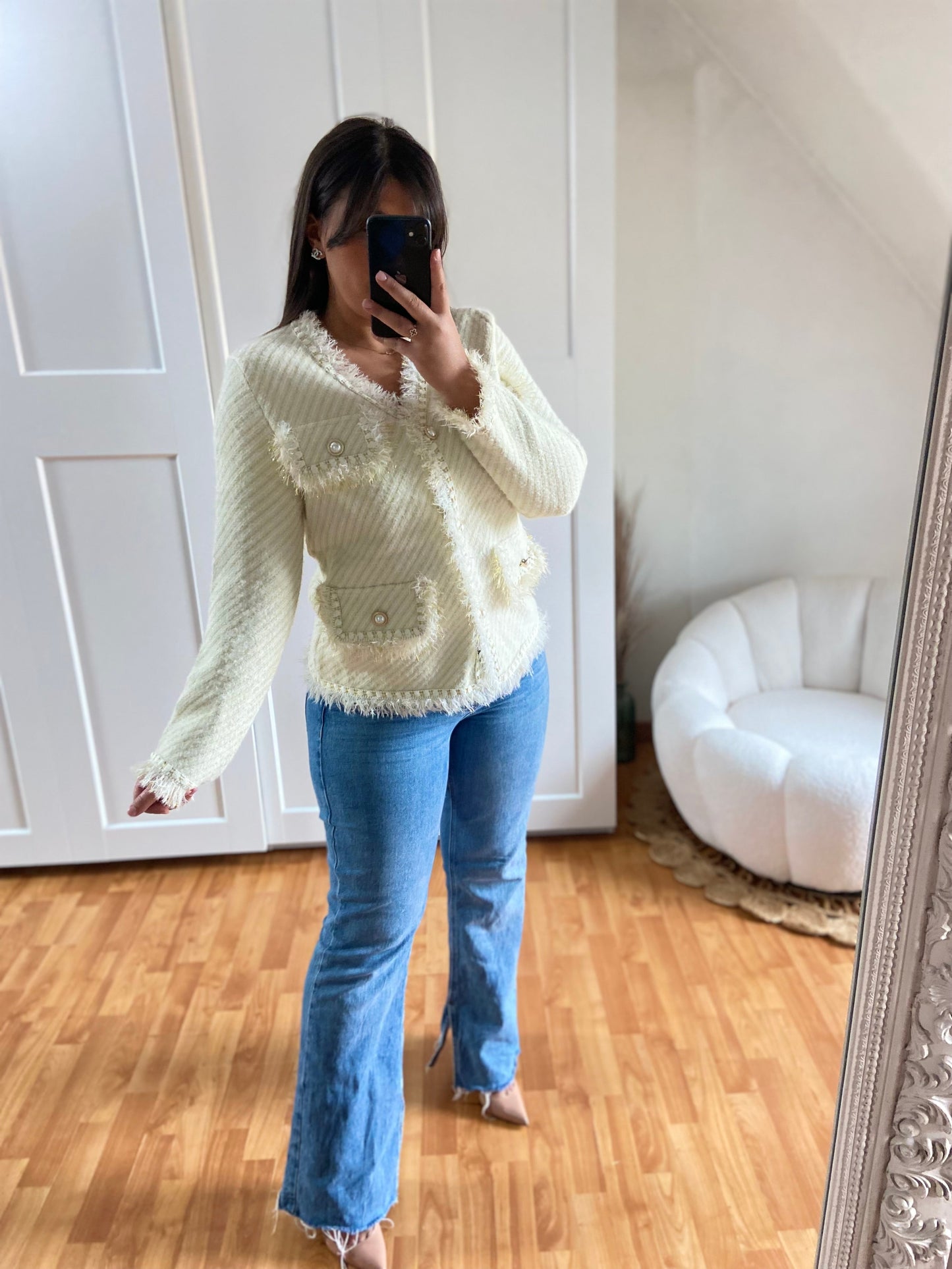 Pull gilet bouton perle doré | Beige | CLAUDIE