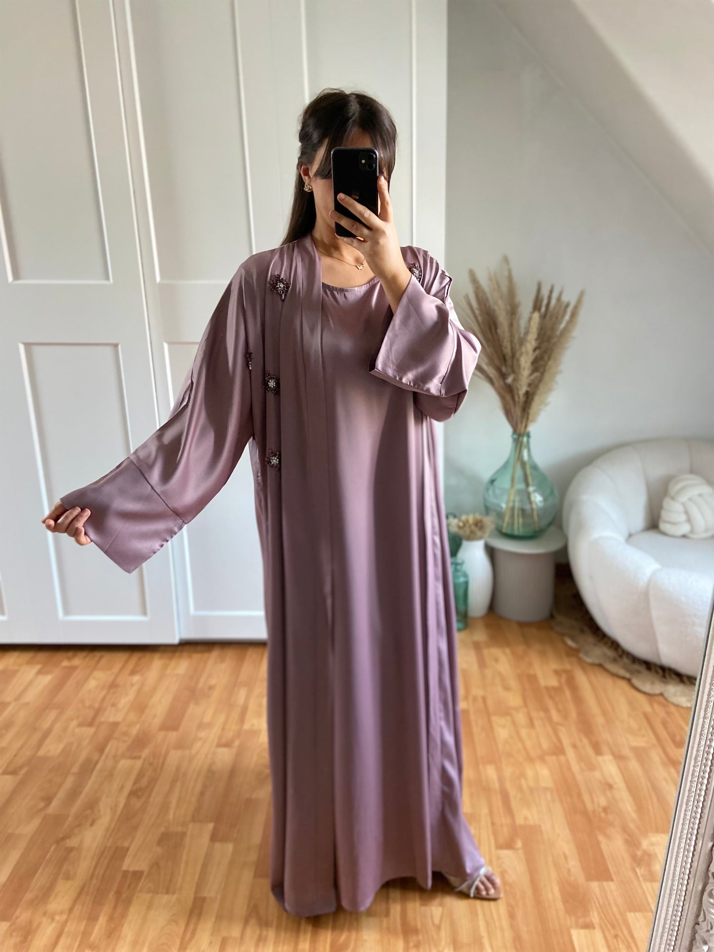 { Gamme premium } Abaya Dubaï sous robe + kimono | Mauve | OMAN