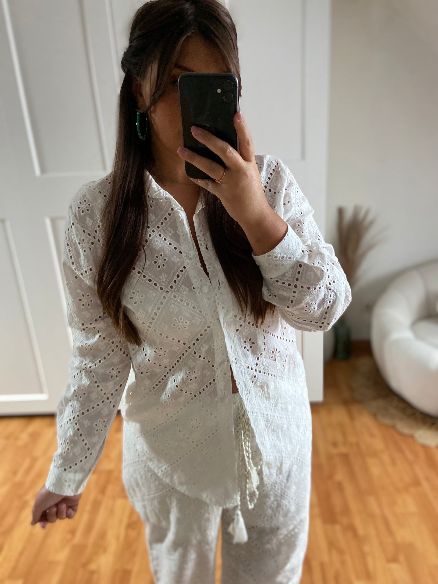 Ensemble chemise bouton brodé et pantalon | Blanc | MAURINE