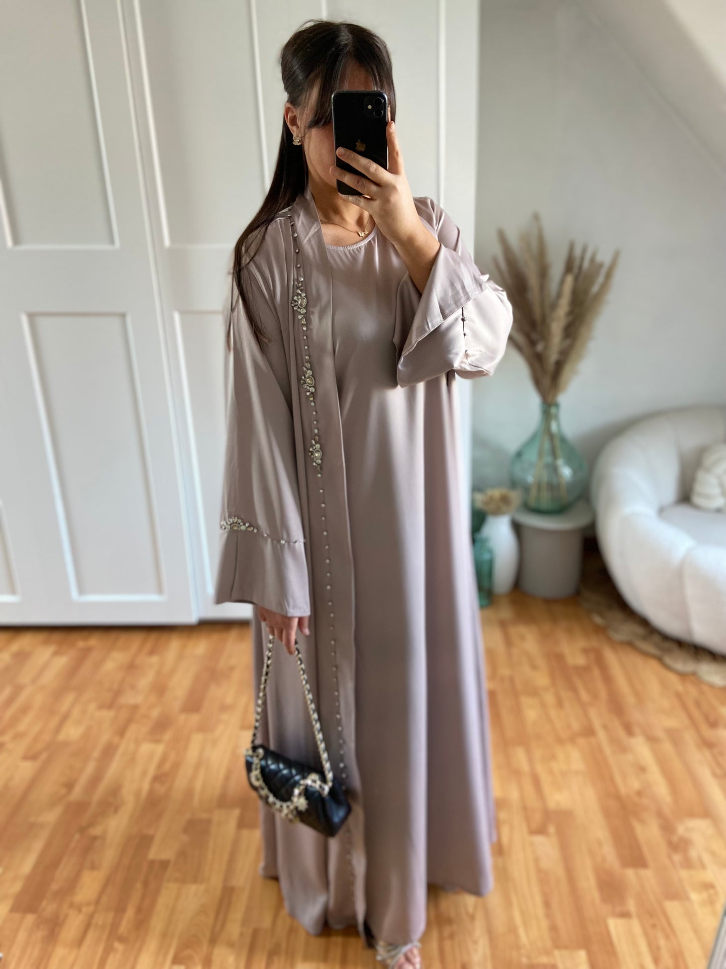 { Gamme premium } Abaya Dubaï bijoux sous robe + kimono | Taupe | DHALIA