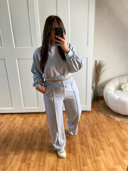 Ensemble survêtement pull court et pantalon fendu| Gris| CINDY