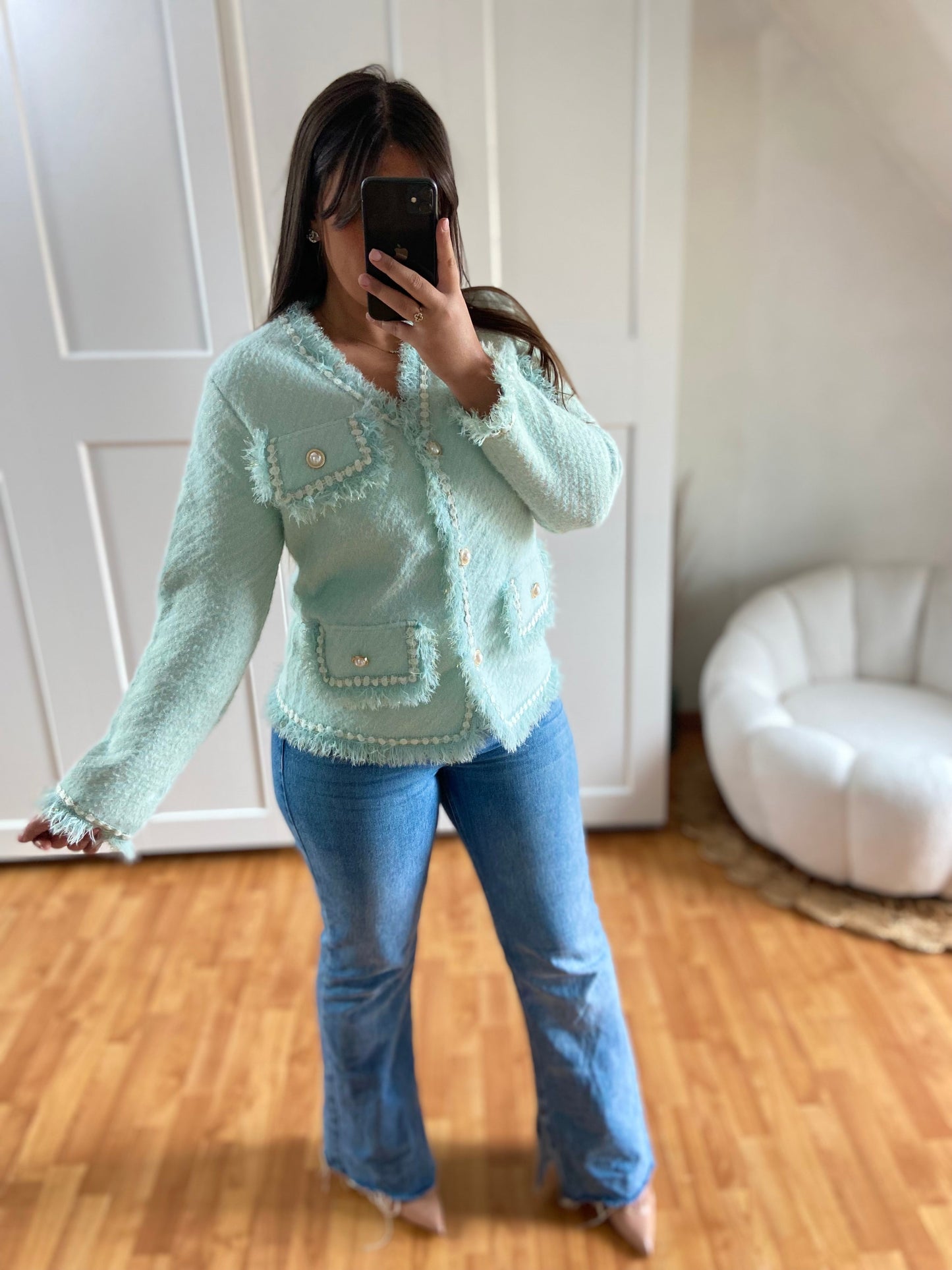 Pull gilet bouton perle doré | Turquoise | CLAUDIE