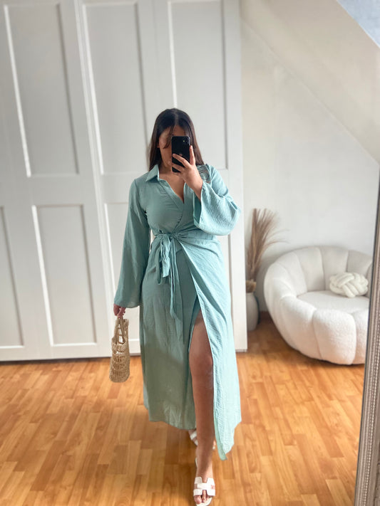 Robe effet lin longue à nouer | NAYAH | Vert d’eau