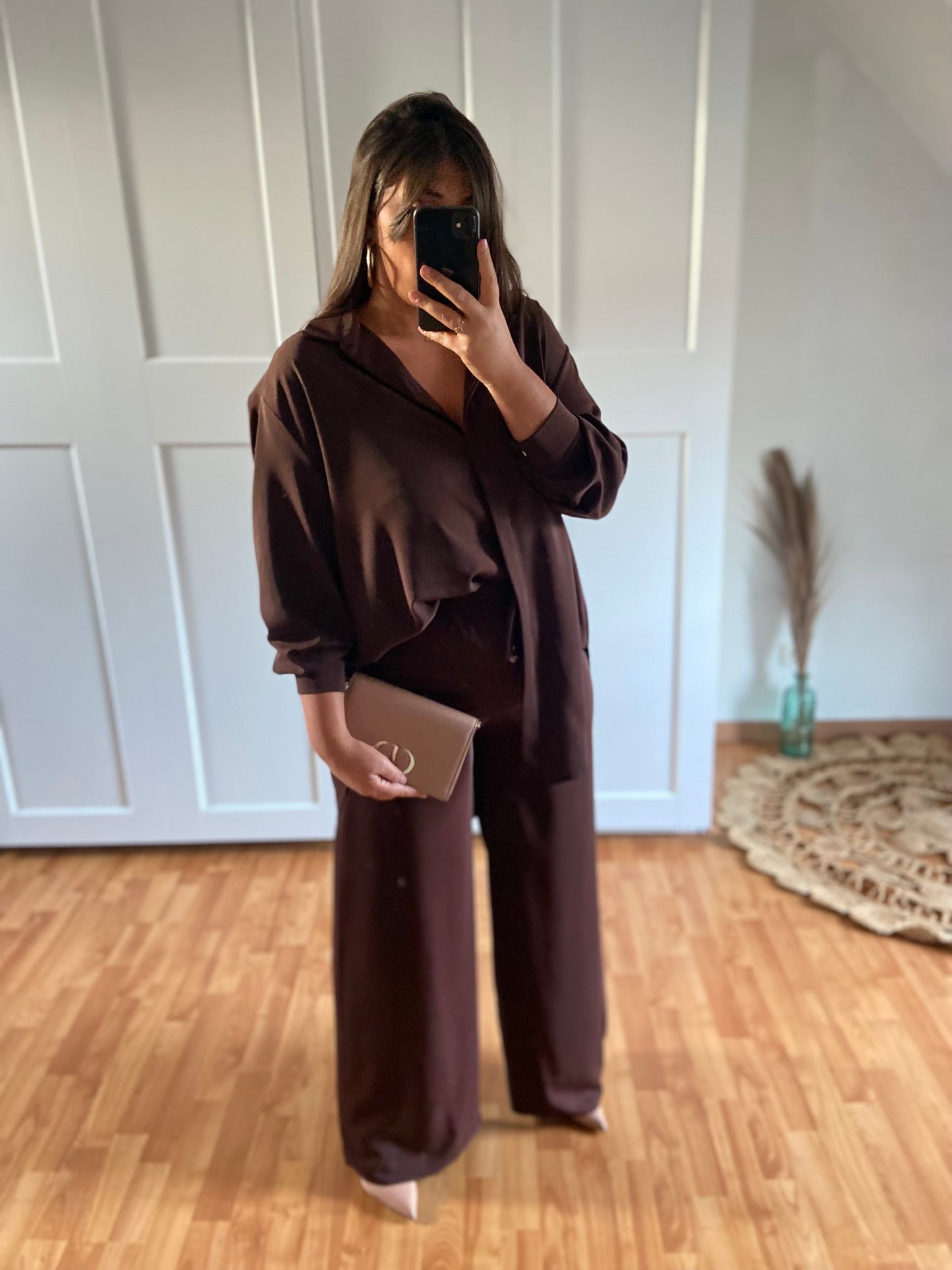 Ensemble en soie de Medine pantalon + chemise | Marron | LAYAN