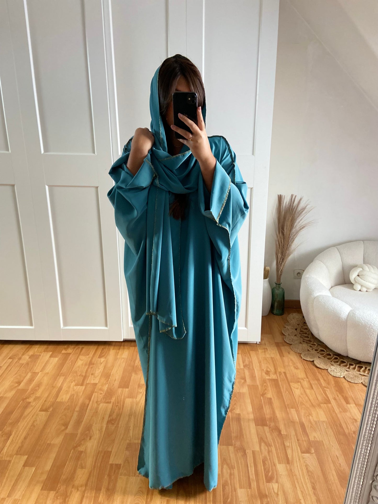 Abaya avec voile brillant | Bleu emeraude | CAMILA