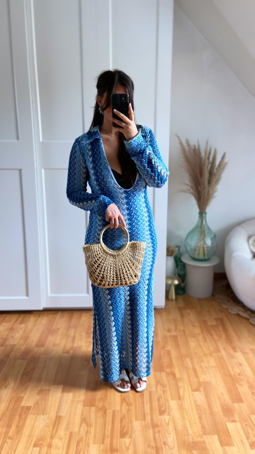 Robe maille col V | Bleu | NIKOLE