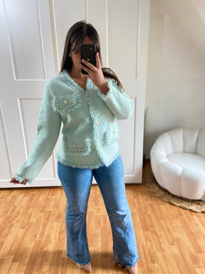 Pull gilet bouton perle doré | Turquoise | CLAUDIE
