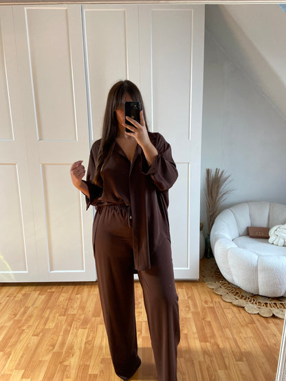 Ensemble en soie de Medine pantalon + chemise | Marron | LAYAN