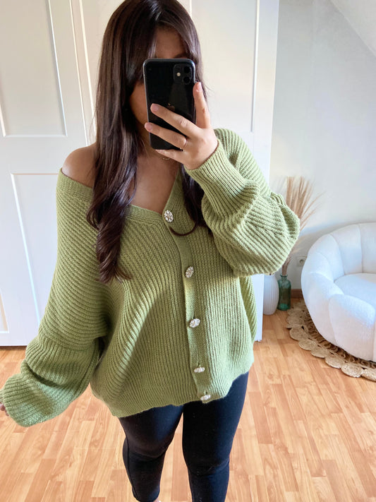 Gilet bijoux strass | Vert olive | SABRINE