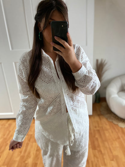 Ensemble chemise bouton brodé et pantalon | Blanc | ELSA