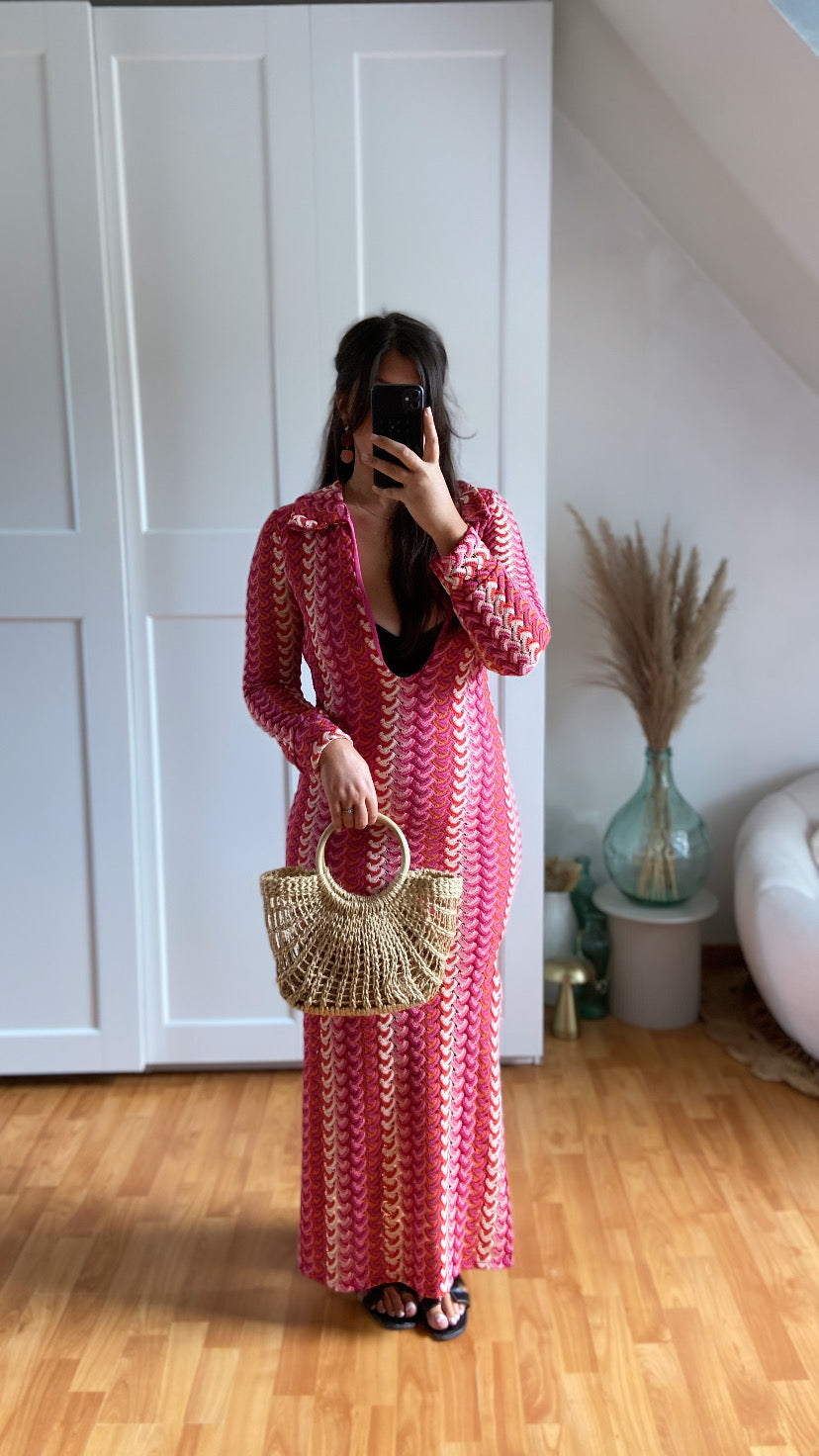 Robe maille col V | Fushia | NIKOLE