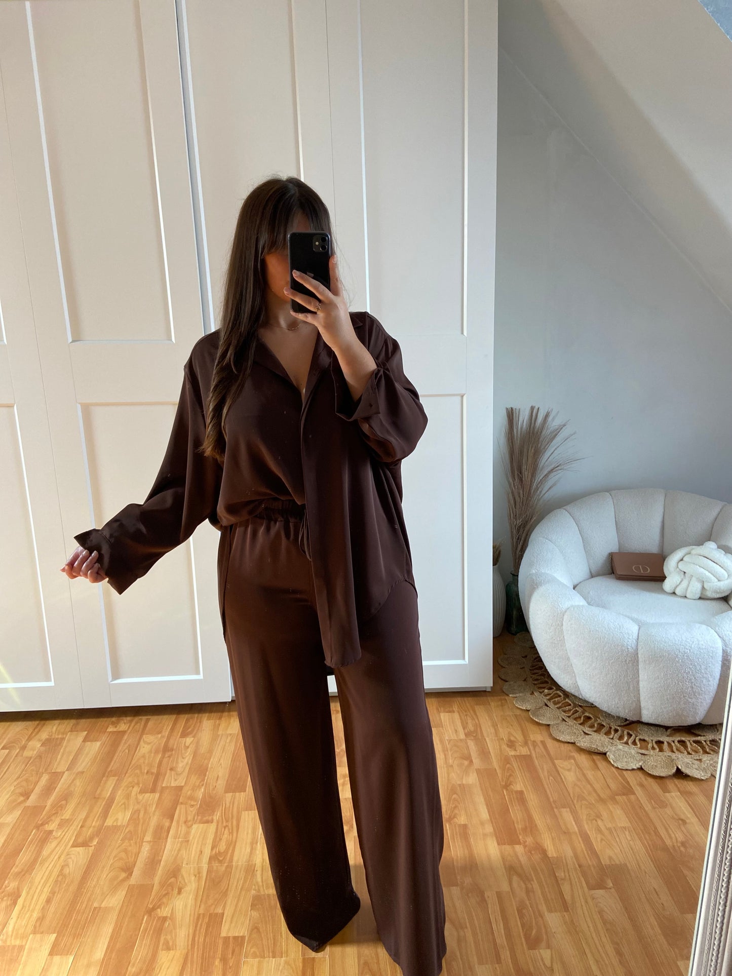 Ensemble en soie de Medine pantalon + chemise | Marron | LAYAN