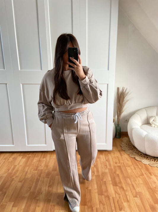 Ensemble survêtement pull court et pantalon fendu| Taupe| CINDY