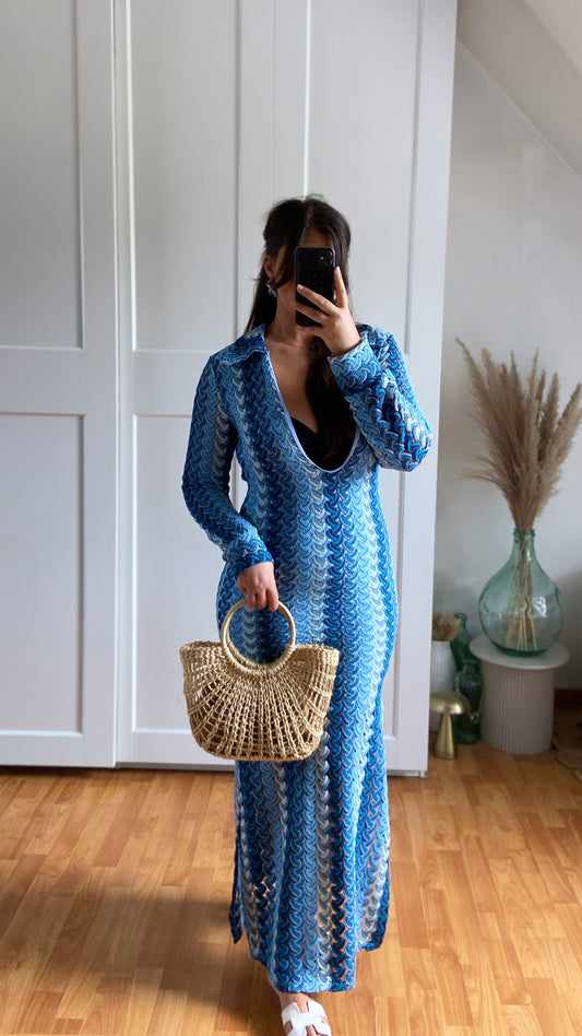 Robe maille col V | Bleu | NIKOLE