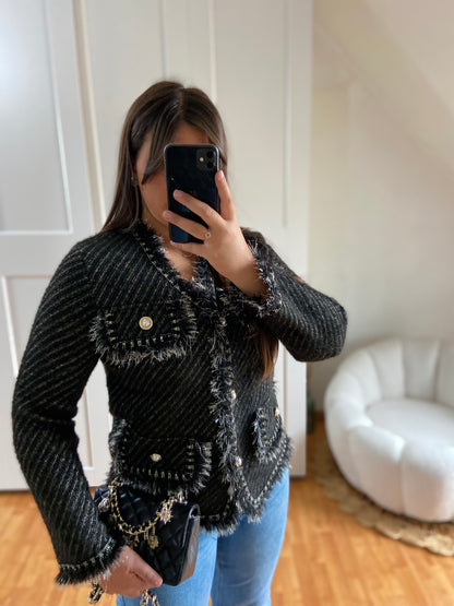 Pull gilet bouton perle doré | Noir | CLAUDIE
