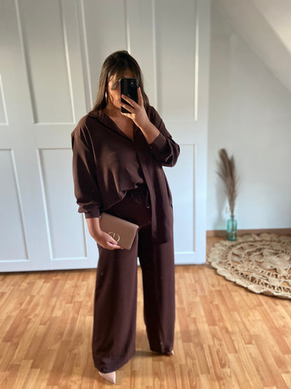 Ensemble en soie de Medine pantalon + chemise | Marron | LAYAN