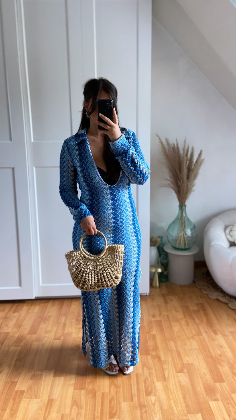 Robe maille col V | Bleu | NIKOLE