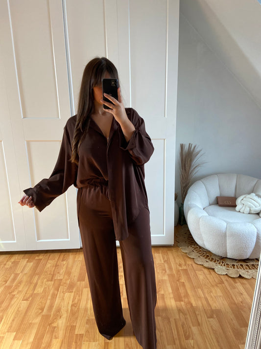 Ensemble en soie de Medine pantalon + chemise | Marron | LAYAN