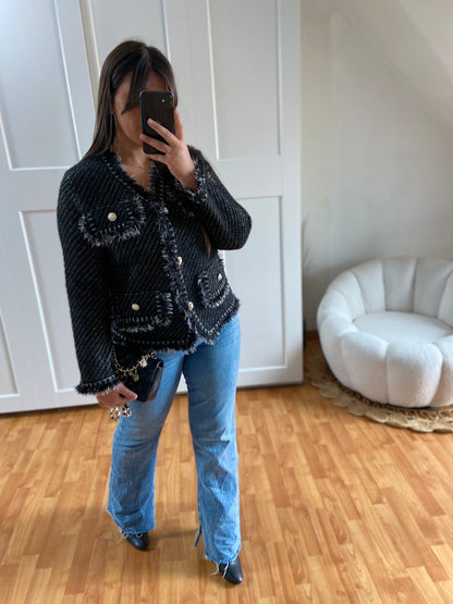 Pull gilet bouton perle doré | Noir | CLAUDIE