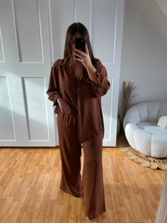 Ensemble en soie de Medine chemise large & Pantalon | Marron clair | LAYAN