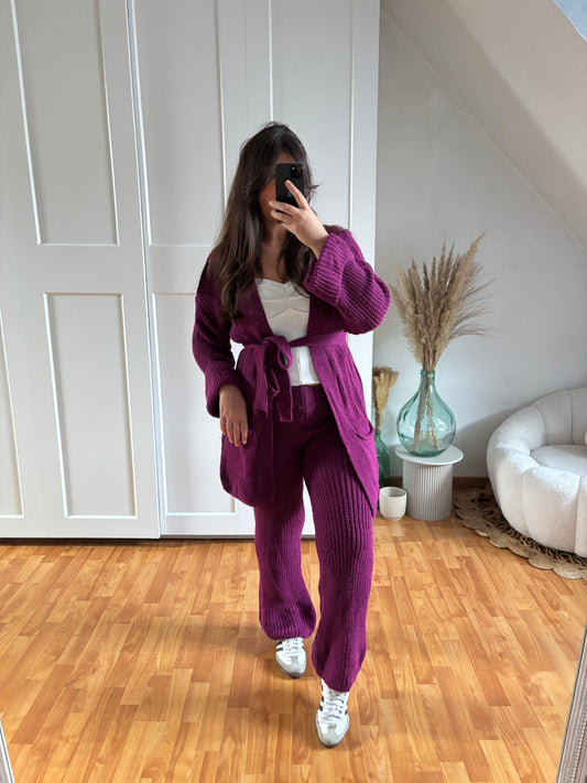 Ensemble en maille pantalon et gilet ceinture | Prune | COCOONING