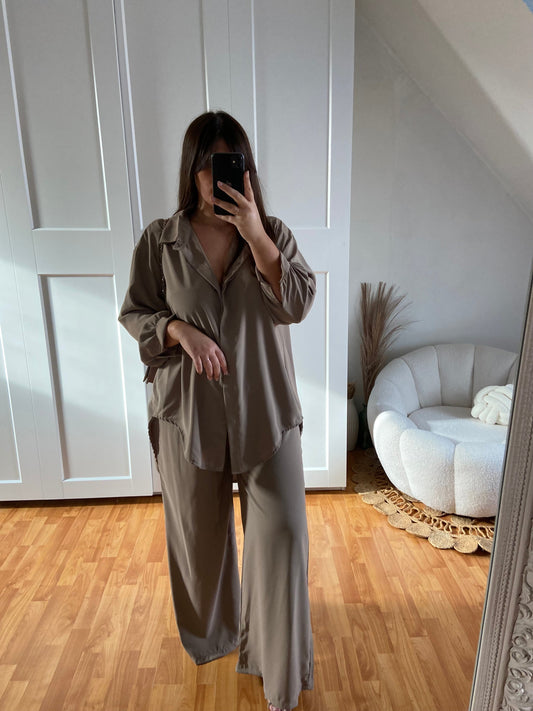 Ensemble en soie de Medine chemise large & Pantalon | Taupe | LAYAN