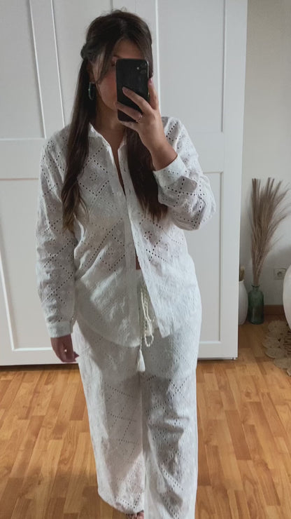 Ensemble chemise bouton brodé et pantalon | Blanc | ELSA