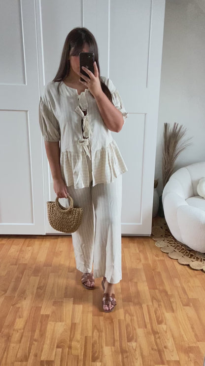 Ensemble effet lin blouse et pantalon | Ecru | KELLY